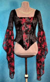 velvet and red flocked rose corset, front view